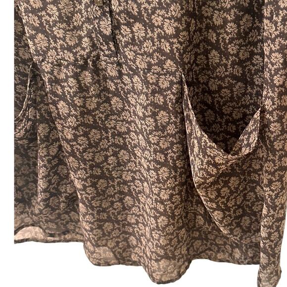 Chiffon Pleated V-Neck Ditsy Floral Tunic Top Dress Lagenlook, Taupe Cream, M - Picture 8 of 10